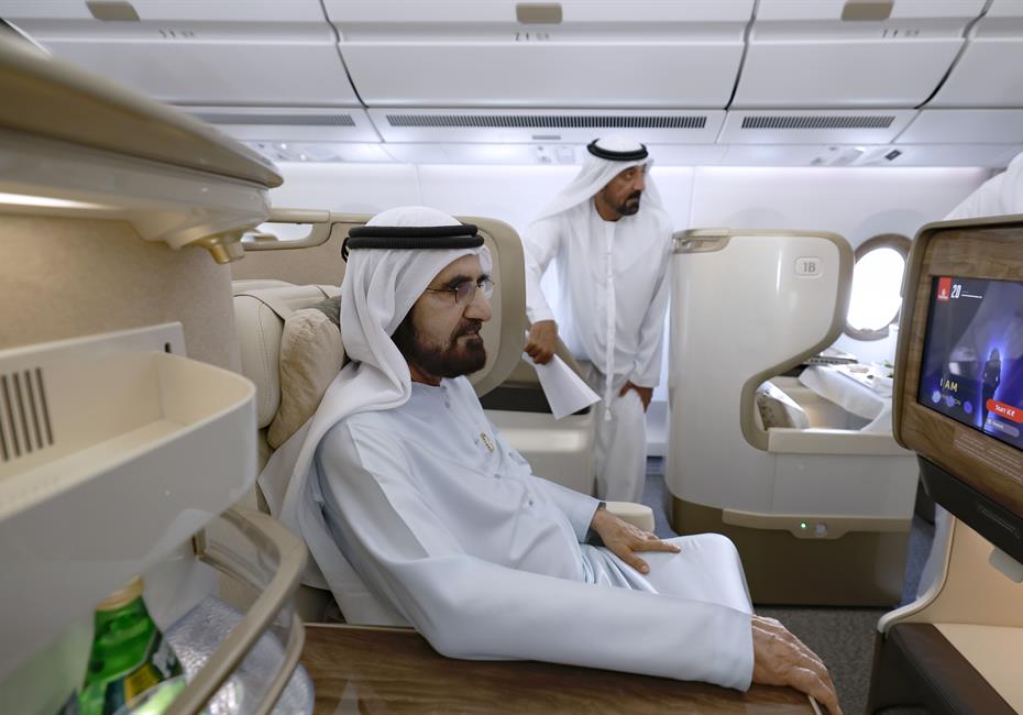 His Highness Sheikh Mohammed bin Rashid Al Maktoum-News-Mohammed bin Rashid reviews Emirates’ new A350 at Dubai International Airport