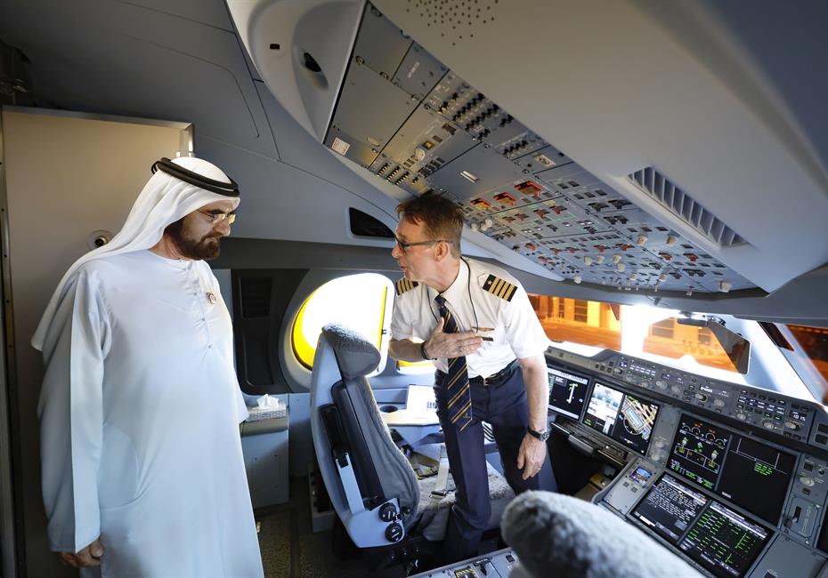 His Highness Sheikh Mohammed bin Rashid Al Maktoum-News-Mohammed bin Rashid reviews Emirates’ new A350 at Dubai International Airport