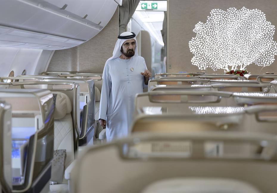 His Highness Sheikh Mohammed bin Rashid Al Maktoum-News-Mohammed bin Rashid reviews Emirates’ new A350 at Dubai International Airport